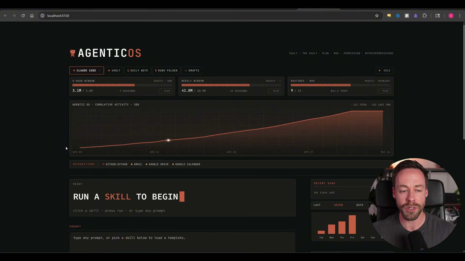 AgenticOS runs locally on port 8768 — every skill run, token burn, and vault pulse visible at a glance.