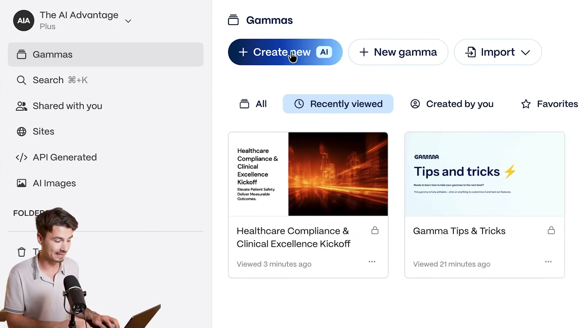 Start here: the Gamma dashboard with the '+ Create new AI' button is your entry point for every new presentation.