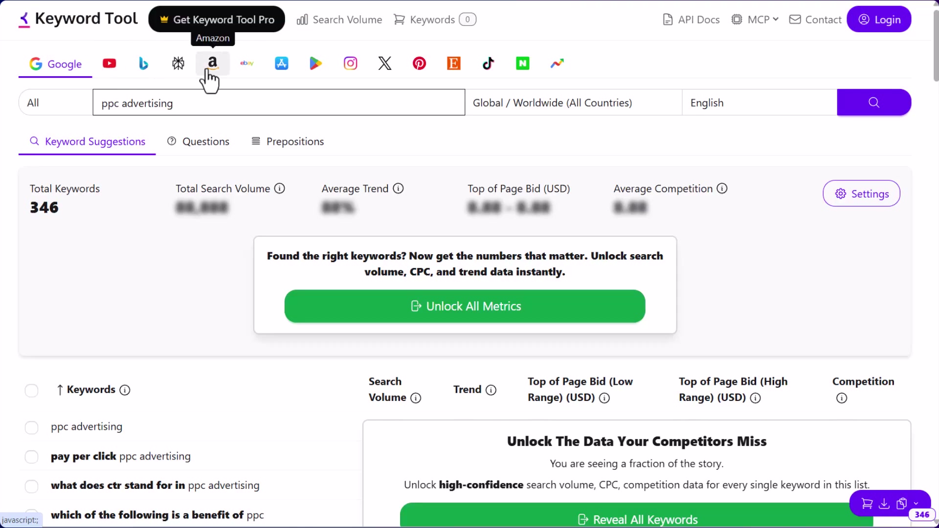 Keyword Tool pulls 346 suggestions for 'ppc advertising' — export these as your raw keyword input for Claude