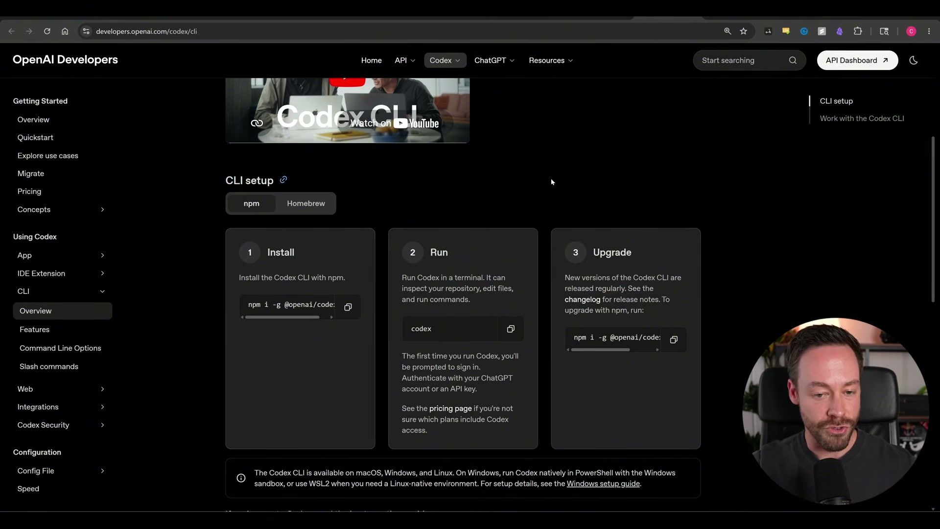 Install the Codex CLI in one command: `npm i -g @openai/codex` — then run `codex` to authenticate and start.