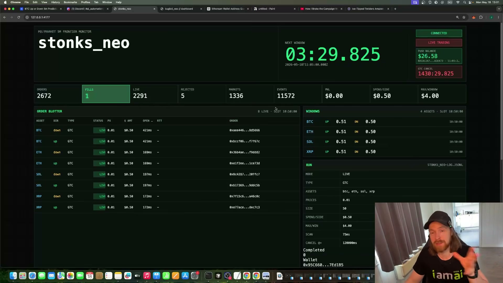 stonks_neo in action: 8 simultaneous GTC orders placed across 4 assets at the 5-minute frontier window.