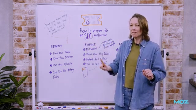 BEFORE vs. DURING: the two-phase framework for conference prep laid out on the whiteboard.