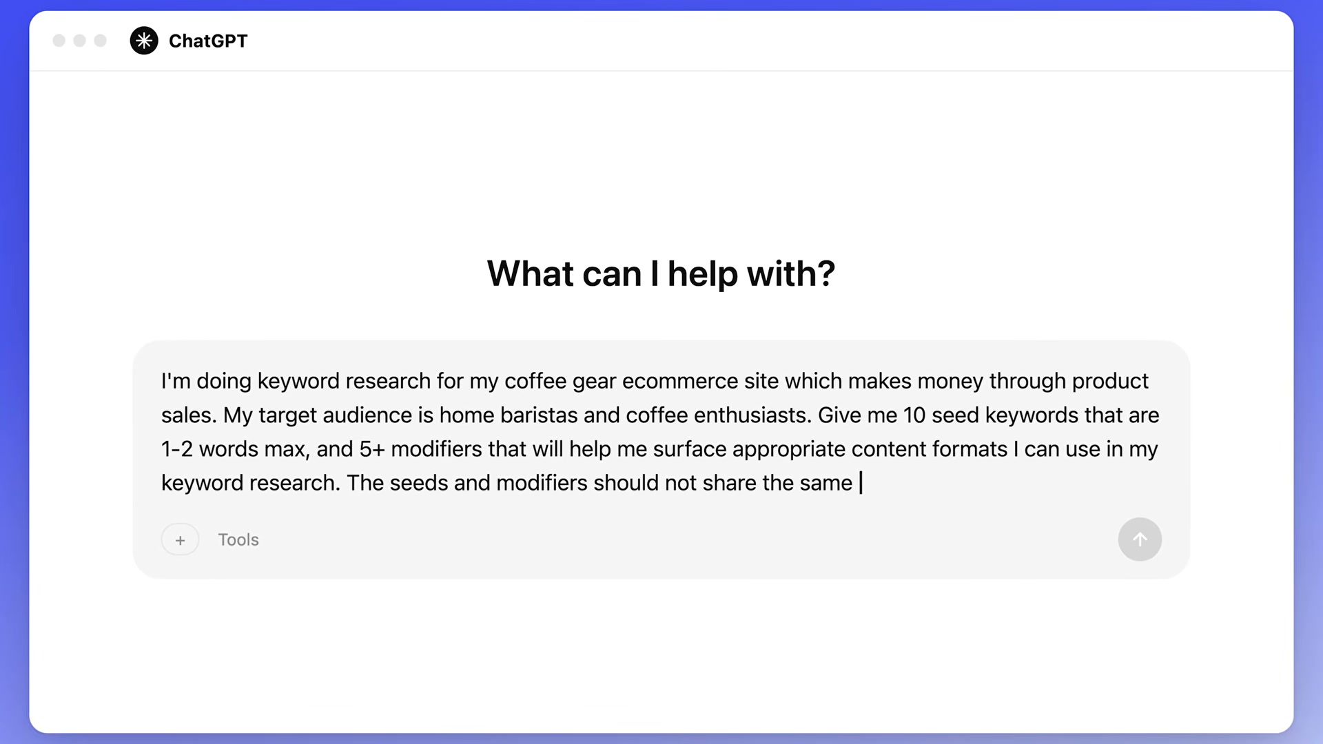 The AI prompt template for generating seeds and modifiers in ChatGPT