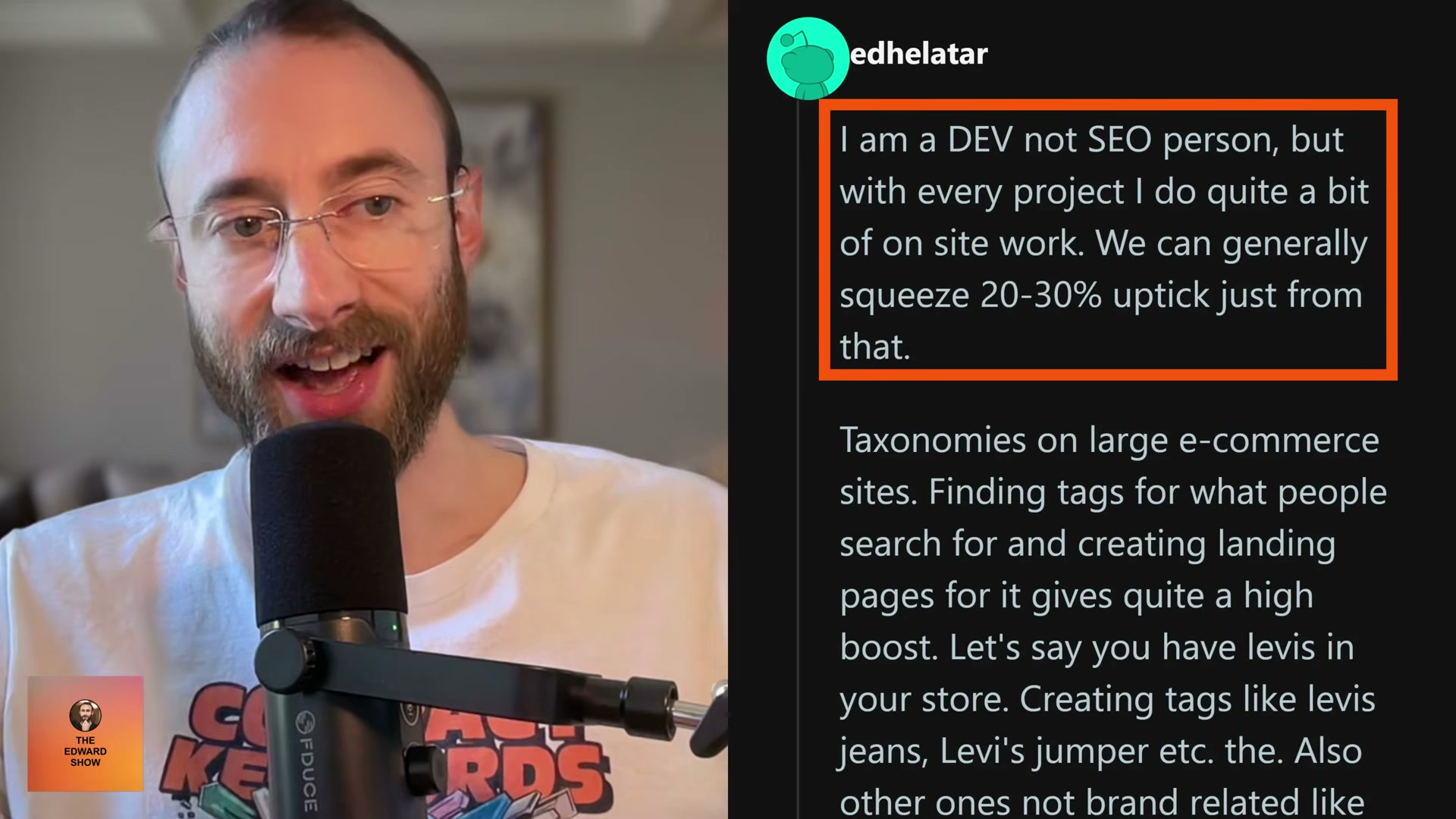 A developer (not an SEO) reports 20–30% traffic gains from on-site taxonomy work alone — no link-building required.