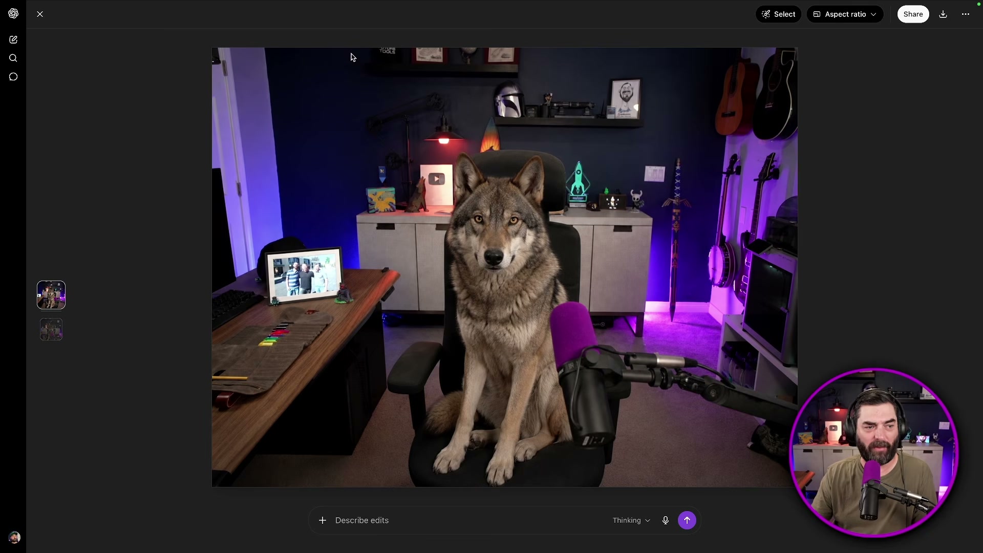 Step 1 — ChatGPT generates a photorealistic wolf sitting in the creator's studio chair, which becomes the first frame of the morphing intro
