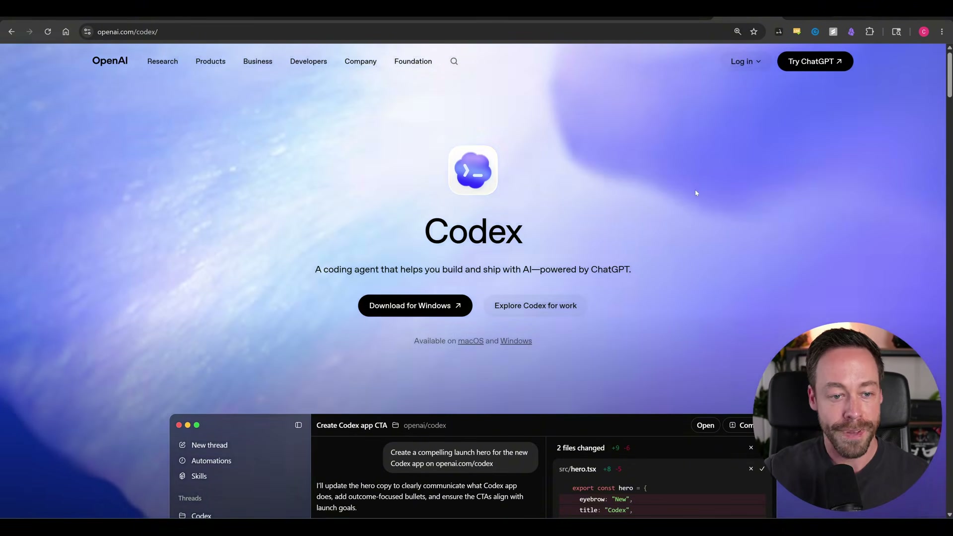 The Codex desktop app runs coding tasks autonomously — here it's updating hero copy on the openai.com/codex page itself.