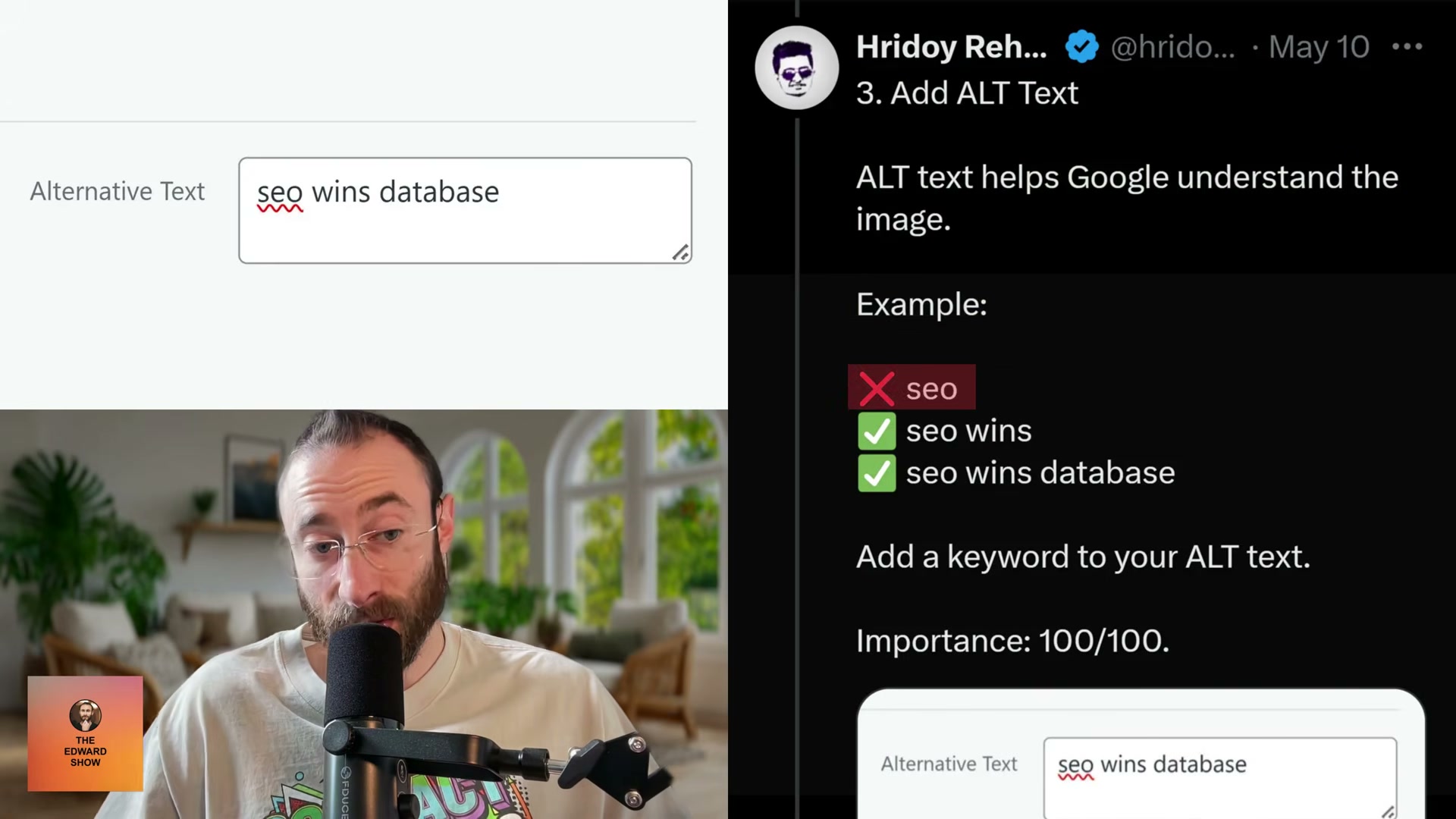 Step 3 — Write descriptive alt text: skip single keywords like 'seo' and use context-rich phrases like 'seo wins database' — rated the most critical step at 100/100
