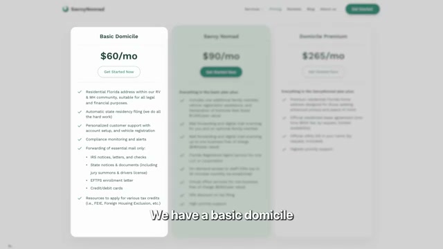 Savvy Nomad's three-tier pricing: from $60/mo basic domicile to $265/mo premium Florida residency