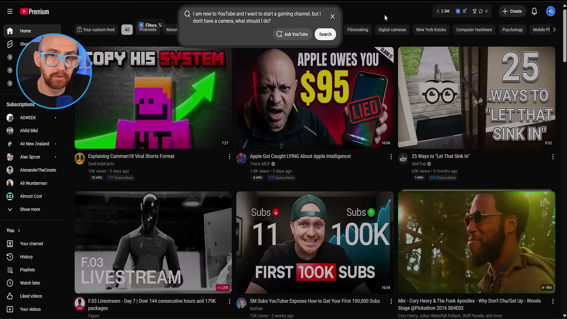 Type a full question — not keywords — into YouTube's search bar, then hit 'Ask YouTube' to trigger conversational search.
