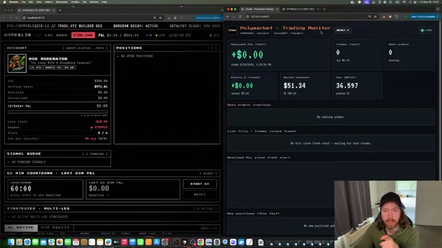 Pre-launch state: Hyperliquid dashboard and Polymarket Trading Monitor both initialized at $0.00 PnL with a $51.34 wallet balance before the 60-minute clock starts.