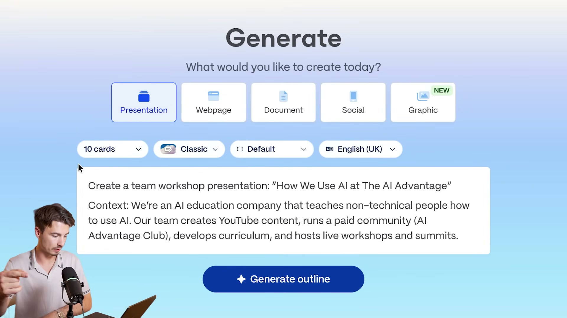 The Generate screen: select 'Presentation,' choose your card count, paste a detailed prompt, then hit 'Generate outline.'