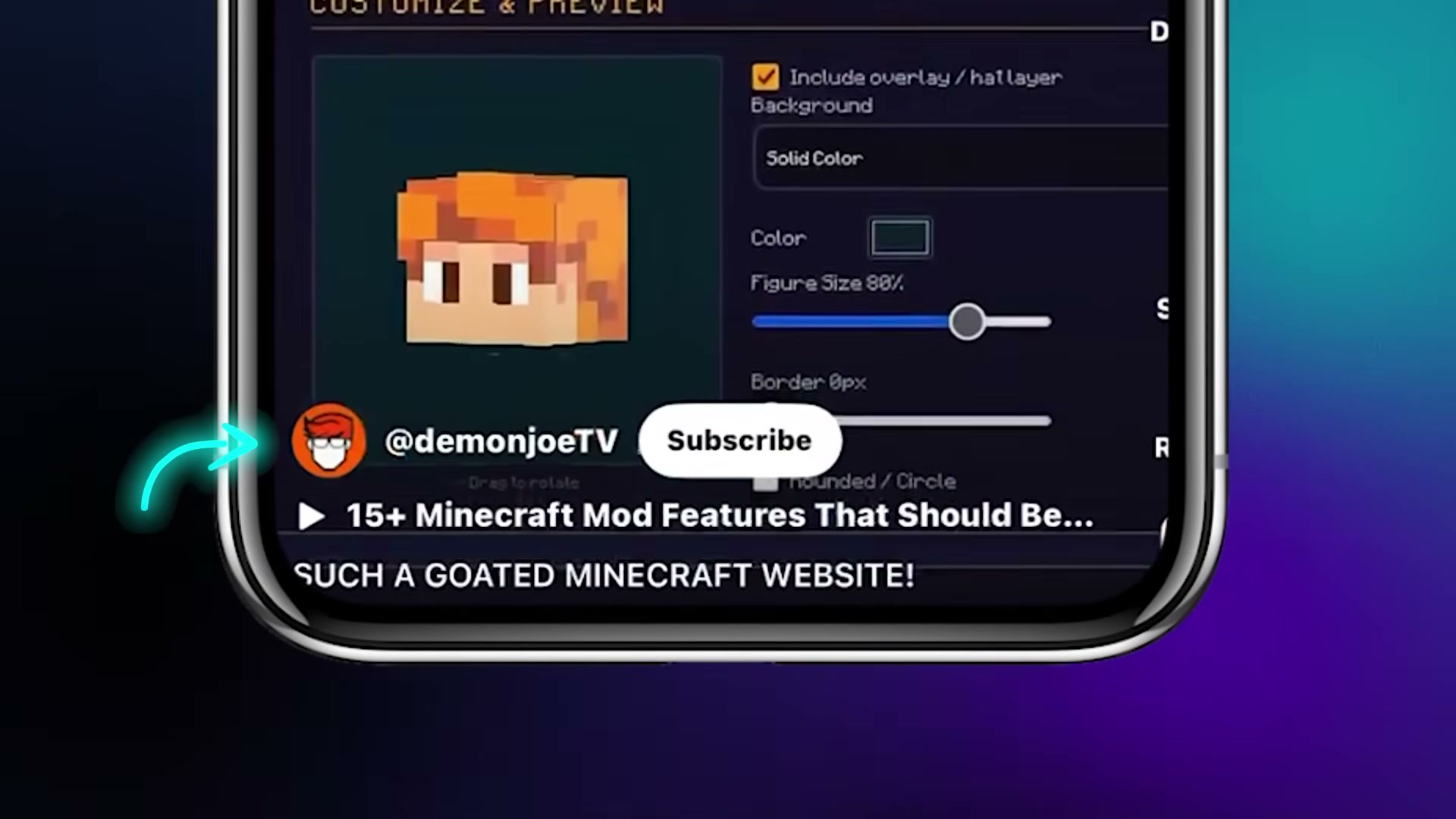 Channel avatar customization settings — adjusting figure size, background color, and border radius inside the preview tool.