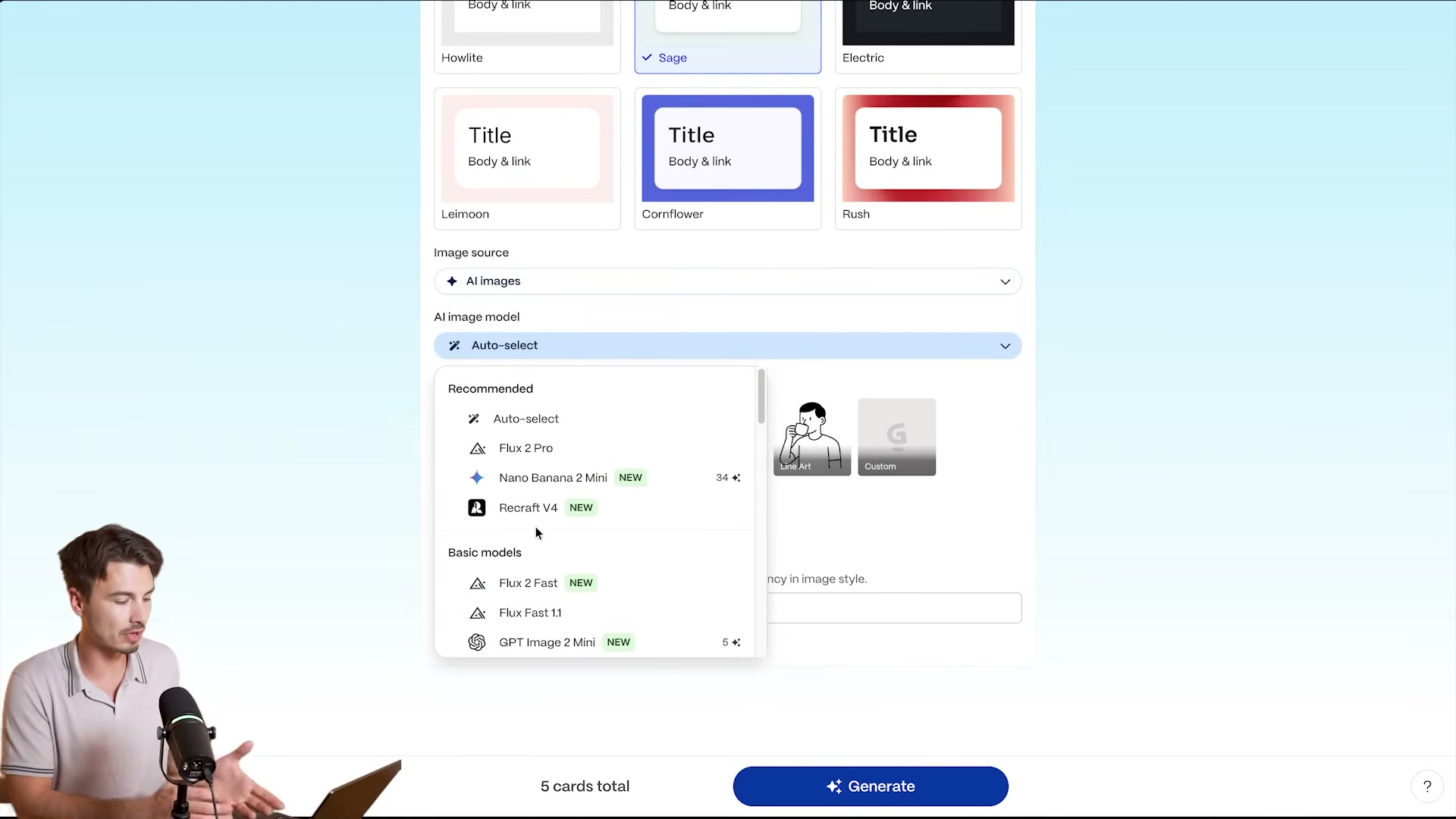 Choose your theme and AI image model before generating — Flux 2 Pro and Recraft V4 are the recommended options for polished results.