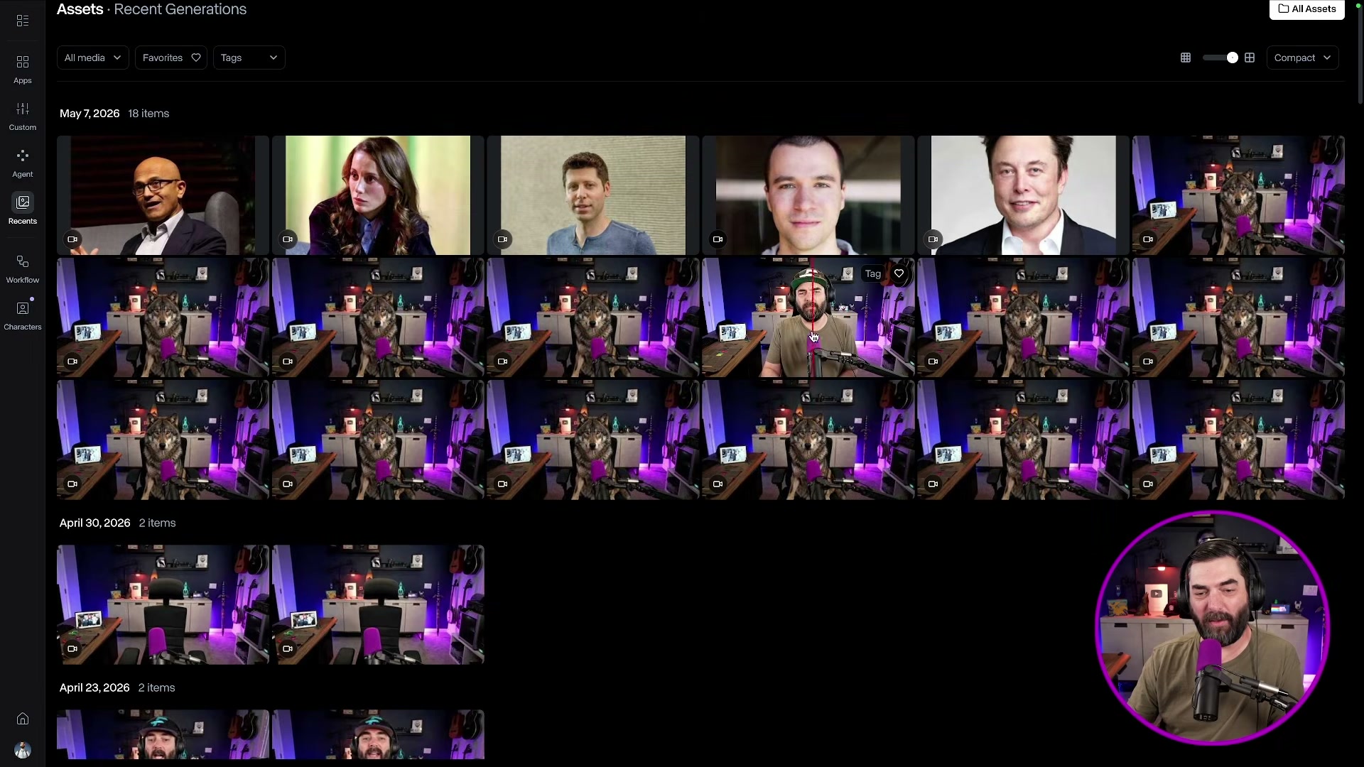 Runway ML's Recent Generations library showing multiple wolf-to-human morph attempts across sessions