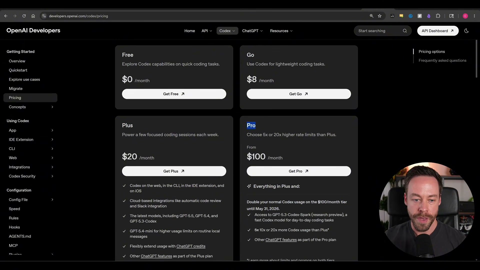 Codex pricing tiers: Free gets you started, Plus ($20/mo) unlocks CLI + IDE + iOS, Pro ($100/mo) doubles usage and adds GPT-5.3-Codex-Spark.