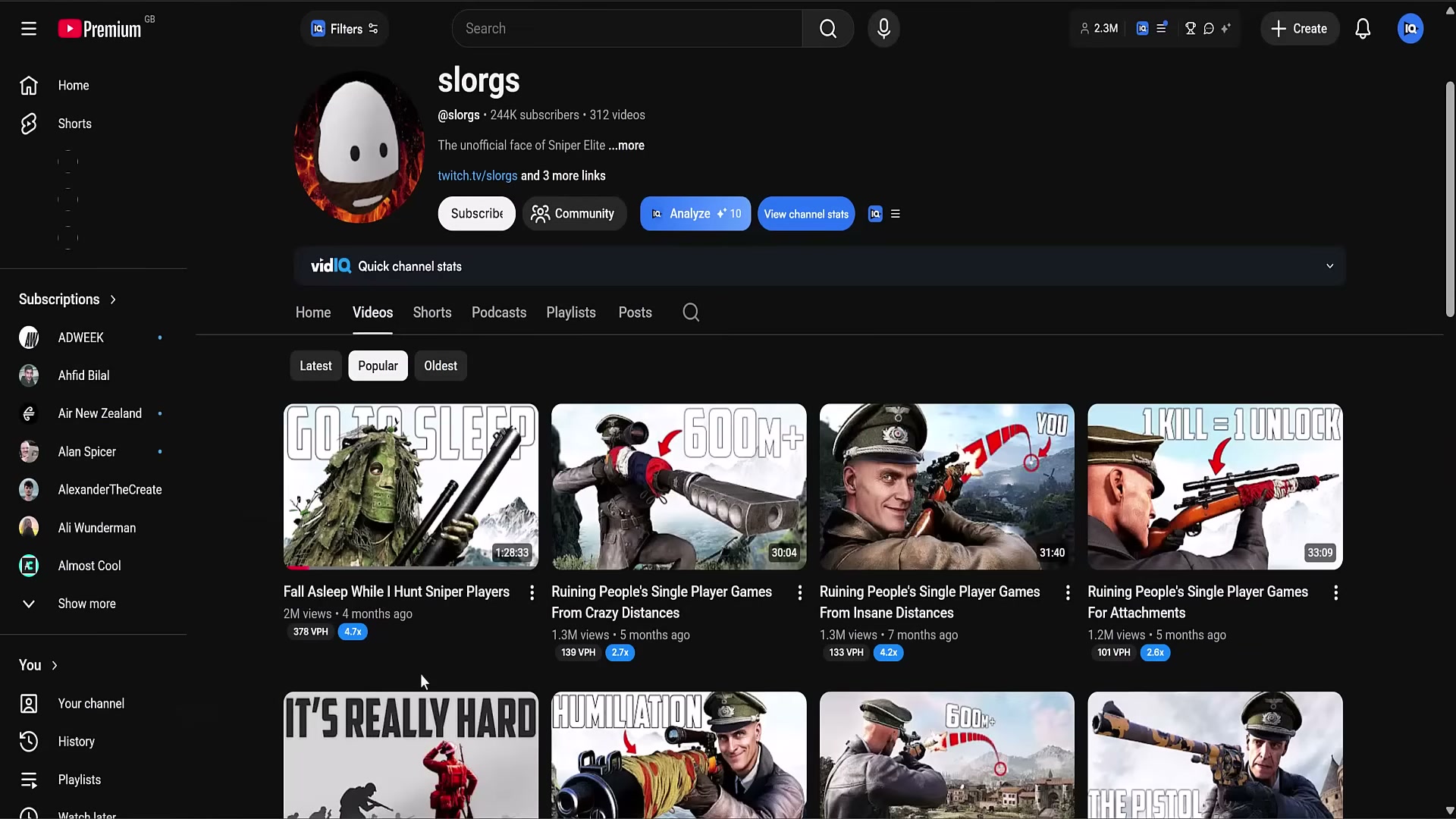 The @slorgs channel page with vidIQ's Quick Channel Stats bar active — VPH badges flag performance outliers instantly.