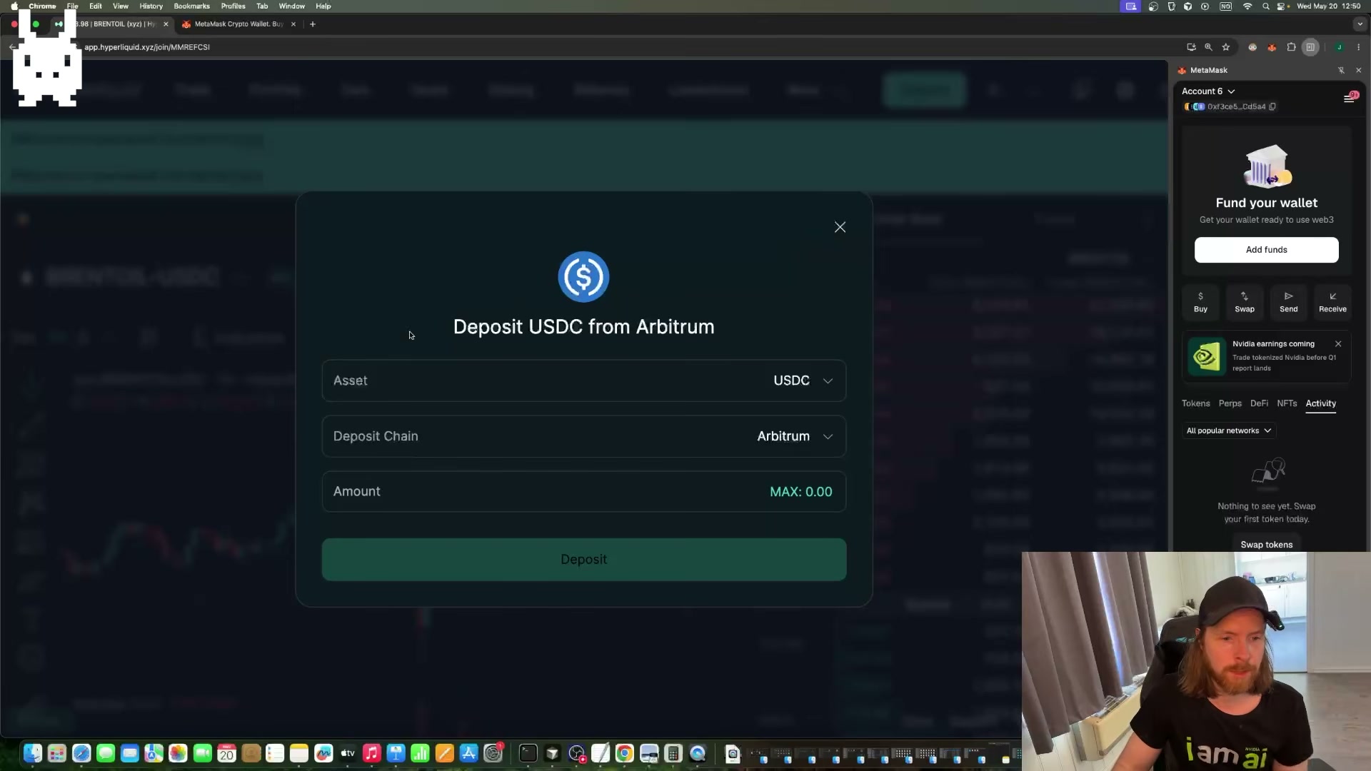 Depositing USDC from Arbitrum to Hyperliquid — the required on-chain funding step before the agent can trade