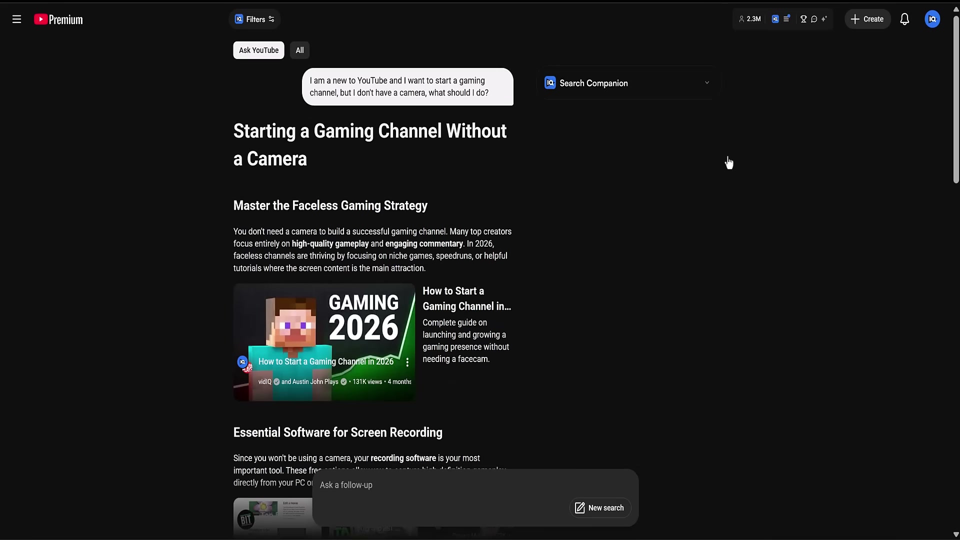 Ask YouTube generates a full guide — headline, strategy sections, a curated video, and a follow-up prompt — all from one conversational question.