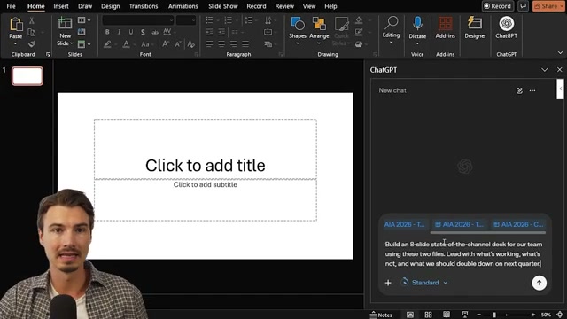 Attach your data files and enter a plain-language prompt — ChatGPT builds the full deck structure and populates slides from your source material.