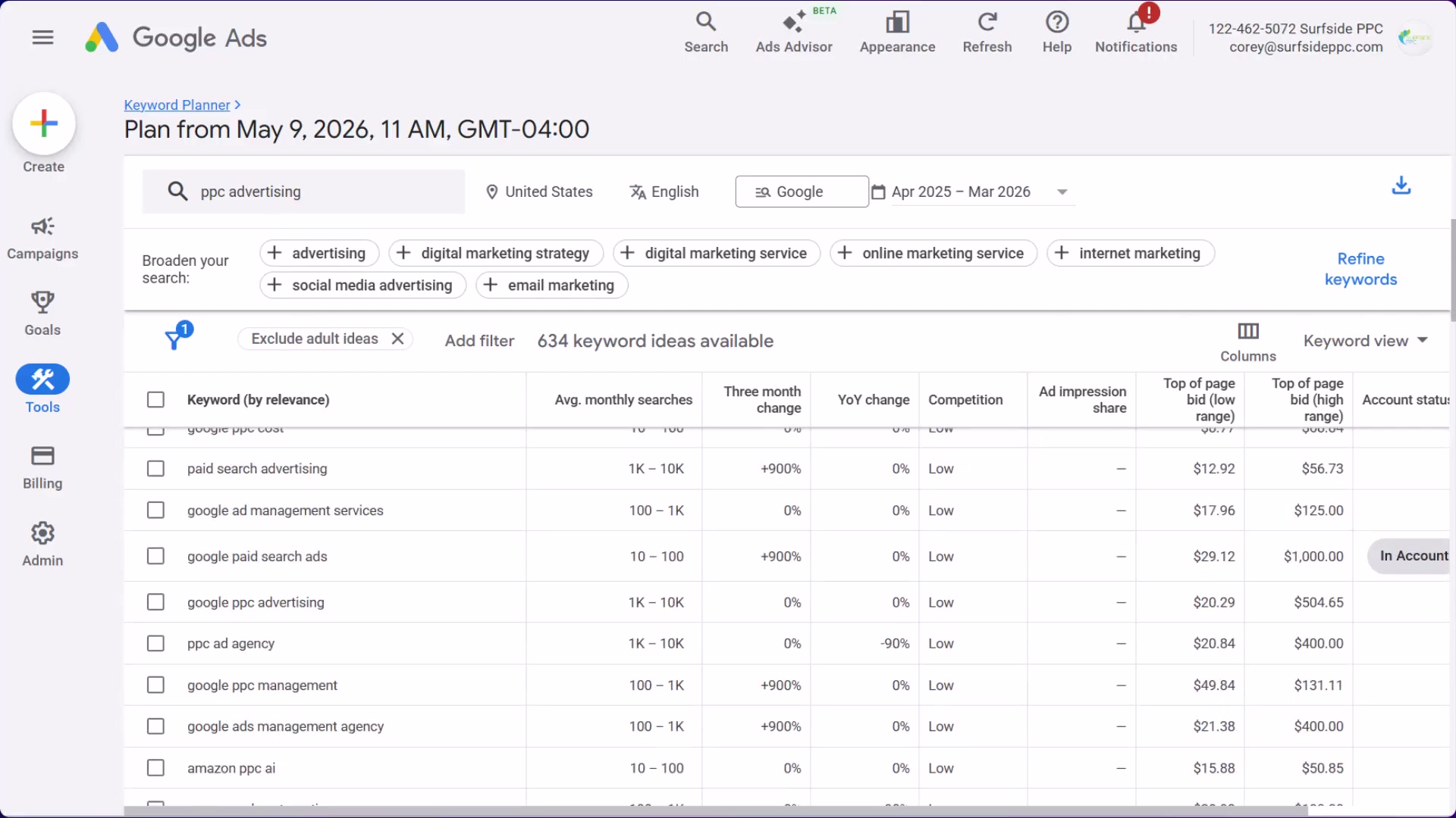 Google Ads Keyword Planner reveals real search volume and CPC data — download this as one of your keyword sources before prompting Claude