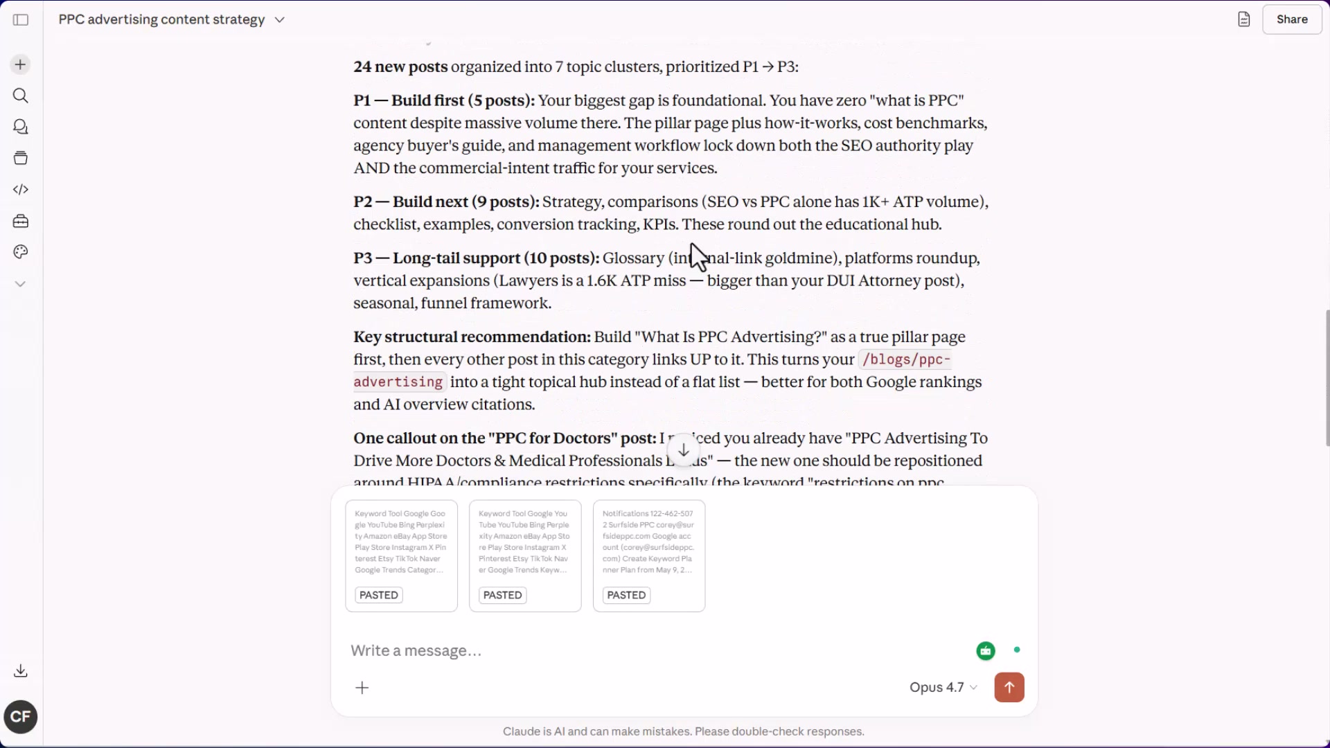Claude outputs 24 post ideas organized into 7 clusters with P1/P2/P3 priority — your entire content roadmap in seconds