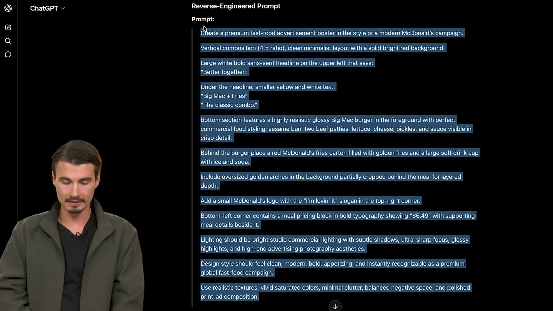 ChatGPT's reverse-engineered output: a fully structured, production-ready image prompt broken down into composition, copy, product detail, lighting, and design style.