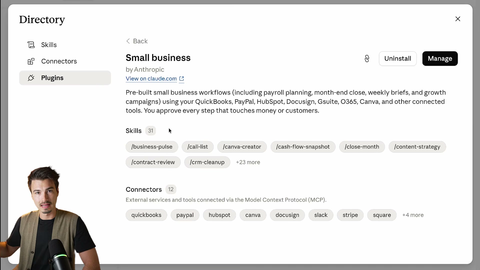 The Small Business plugin detail page: 31 skills and 12 connectors (QuickBooks, PayPal, HubSpot, Stripe and more) installed in one click