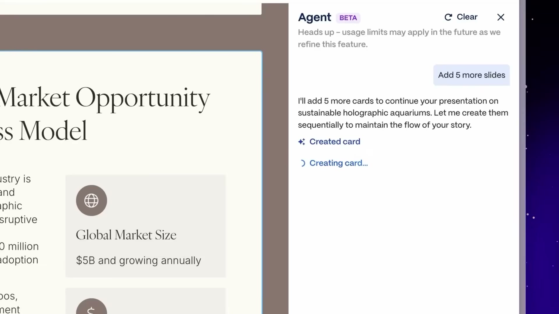 Gamma's Agent panel creates additional slides on demand — watch the 'Creating card...' status as it builds sequentially.