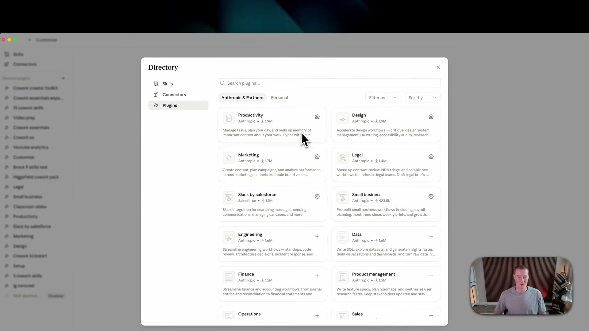 Open Customize → Directory → Plugins to find Anthropic's Small Business plugin (423K installs) alongside the full plugin catalog.