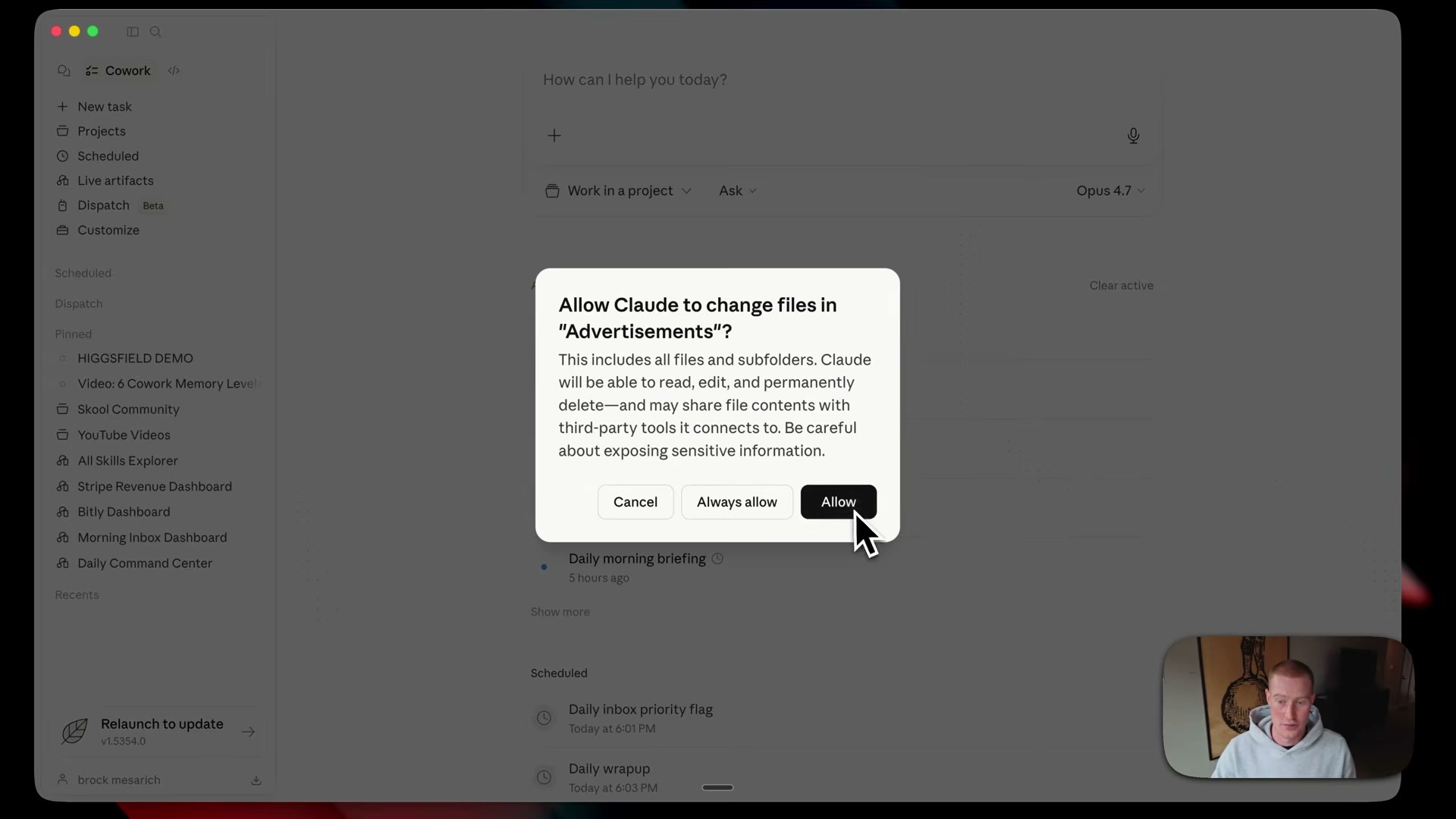 Grant folder access: Claude asks permission before reading, editing, or deleting files in your connected project folder