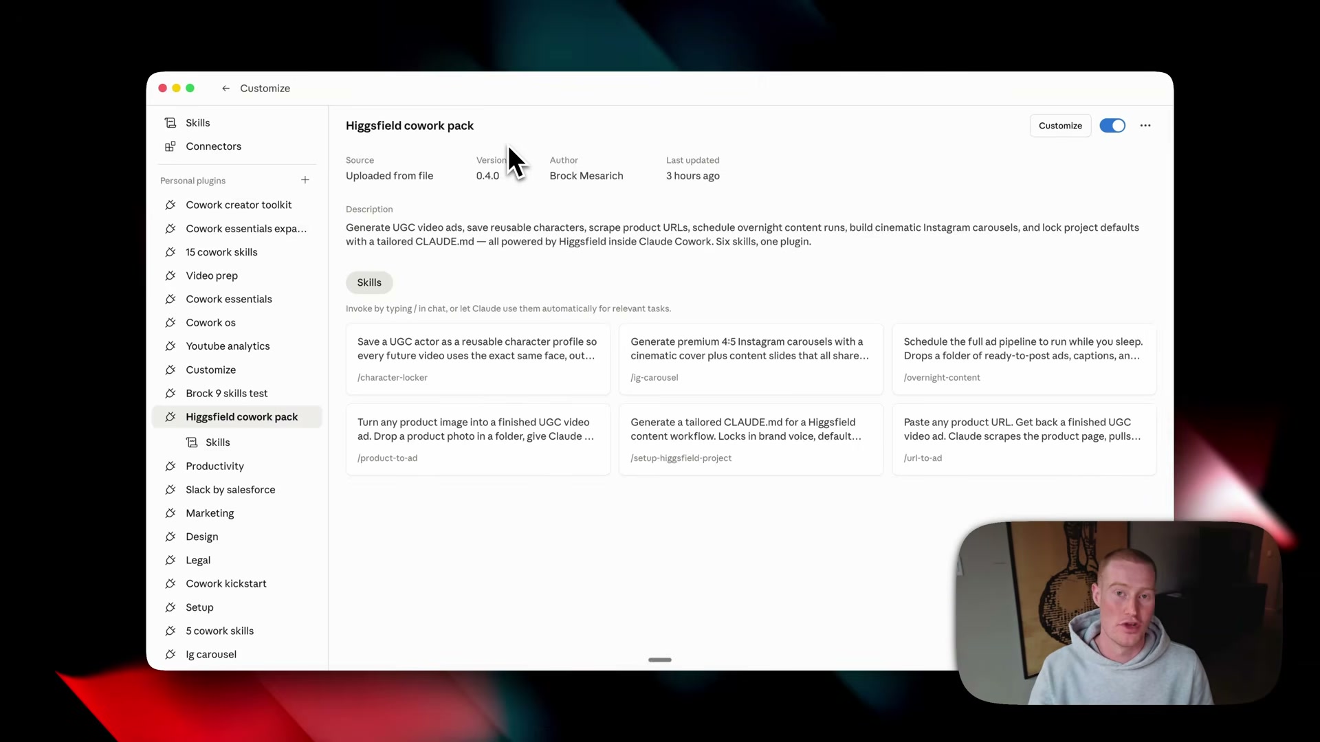 Six skills, one plugin: the Higgsfield Cowork Pack installed and ready — from character locking to overnight content pipelines