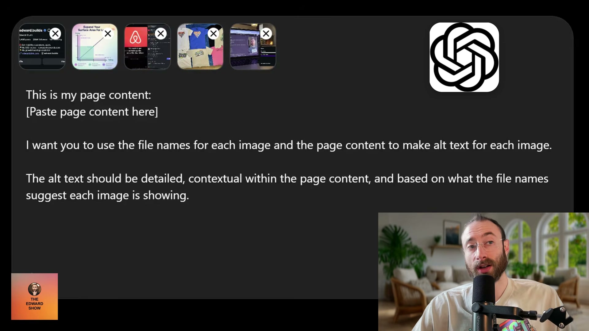 Scale alt text with AI: upload image filenames + page content to ChatGPT and prompt it to generate contextually accurate alt text for every image at once