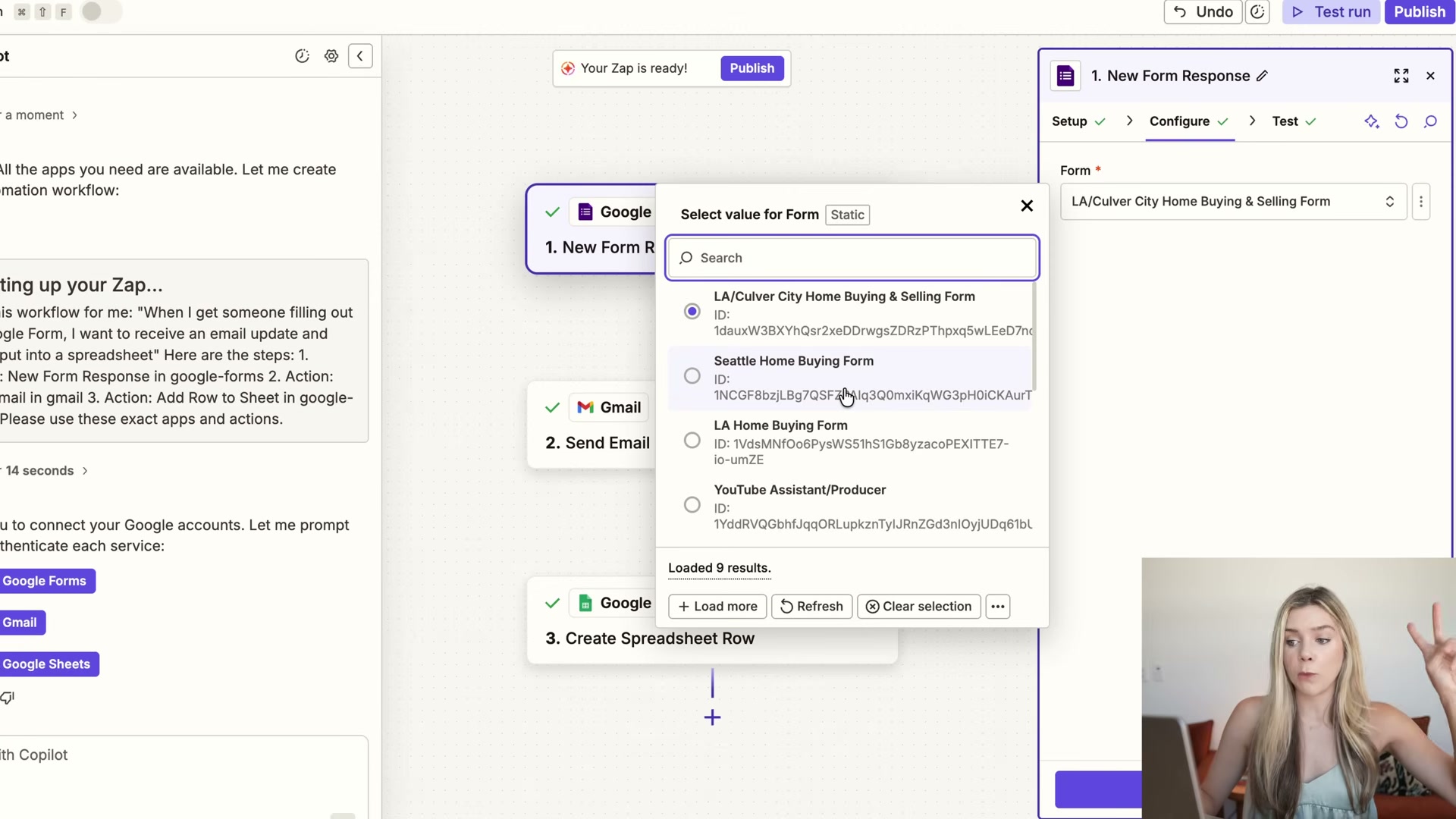 The completed Zap: Google Form submission triggers a Gmail notification and logs the lead to a Google Sheet — select your form from the dropdown to connect the trigger.