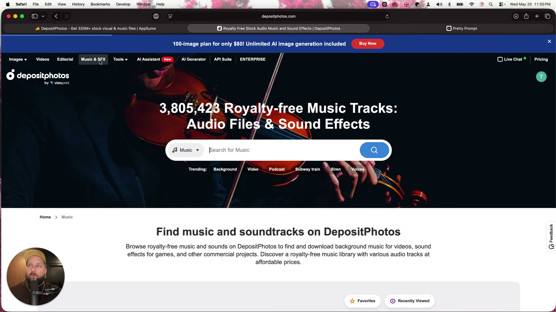 Depositphotos' Music & SFX library tops 3.8 million royalty-free tracks — search by keyword or jump to trending categories like Podcast, Background, or Voices.