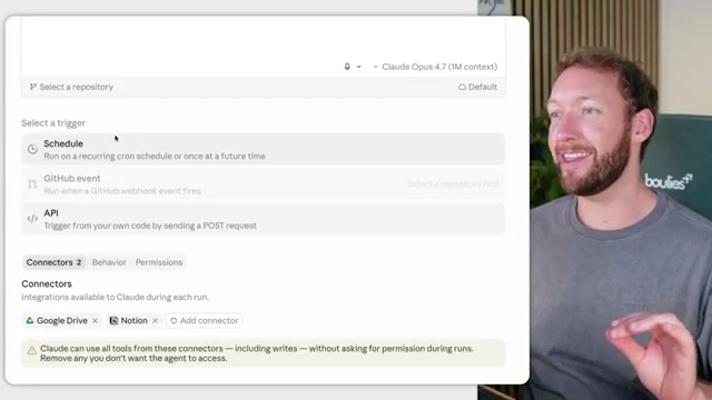 Connectors grant Claude read/write access to Google Drive and Notion on every run — remove any you don't want it touching