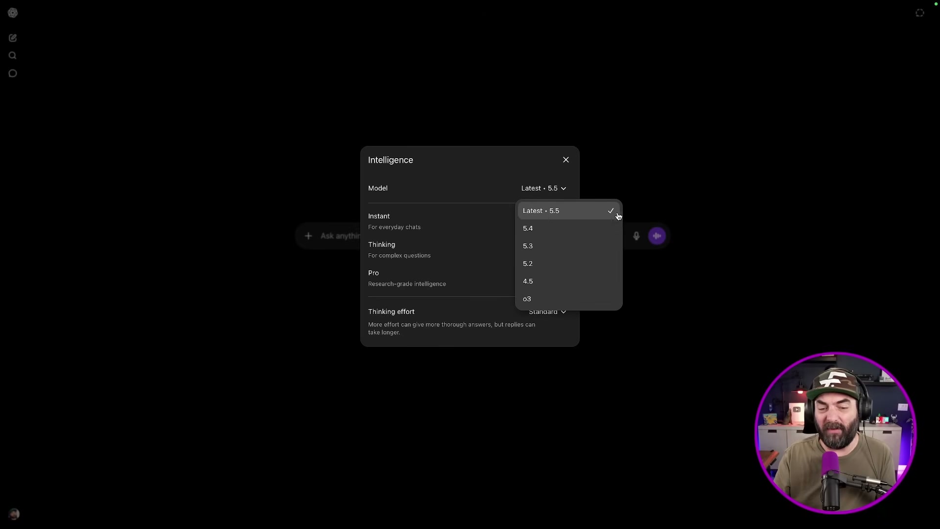 ChatGPT's Intelligence panel showing GPT-5.5 now set as the default 'Latest' Instant model — with older versions still selectable.