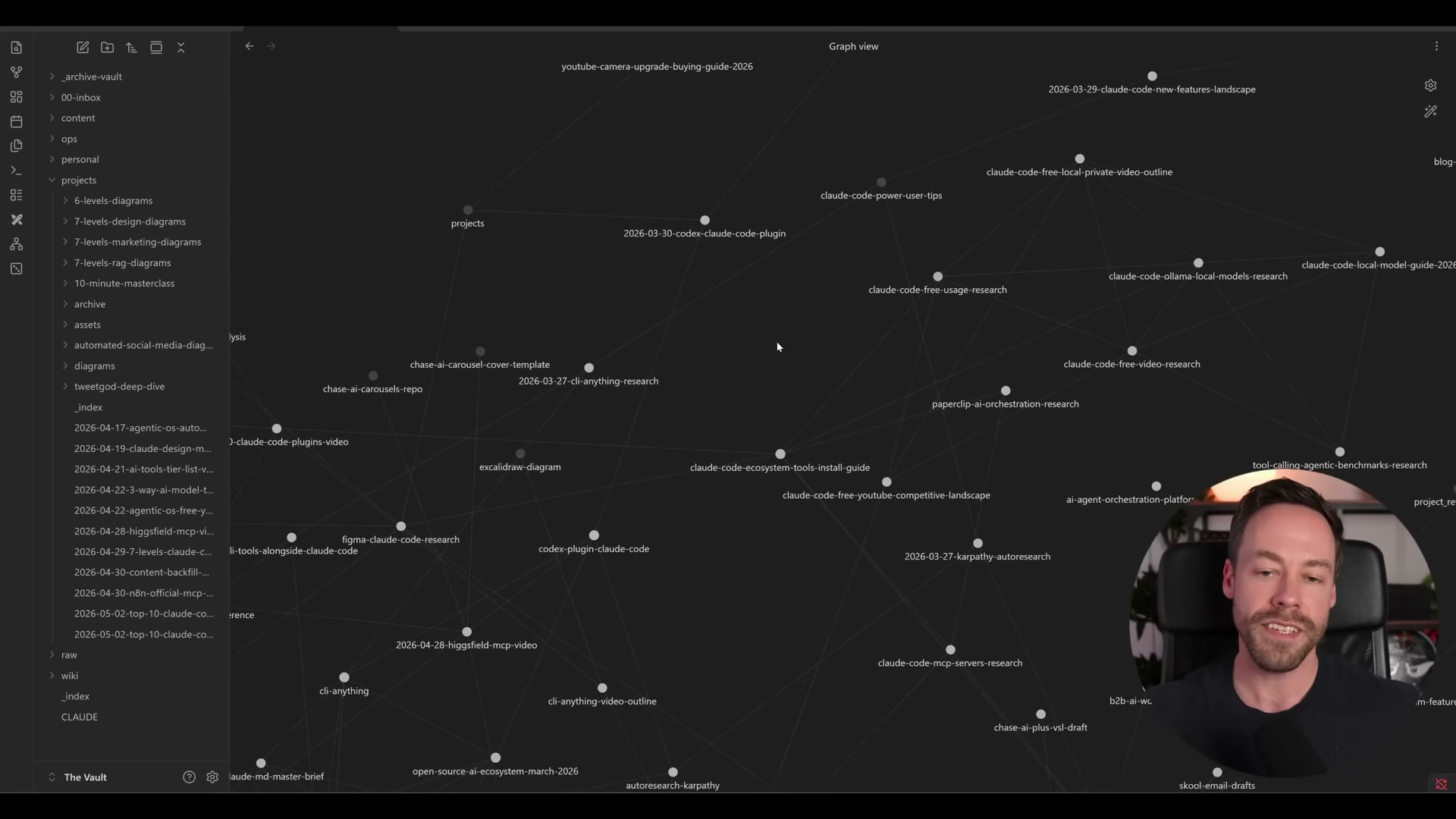 Graphify's output in Obsidian: a live knowledge graph mapping every project, file, and relationship — zero manual linking.