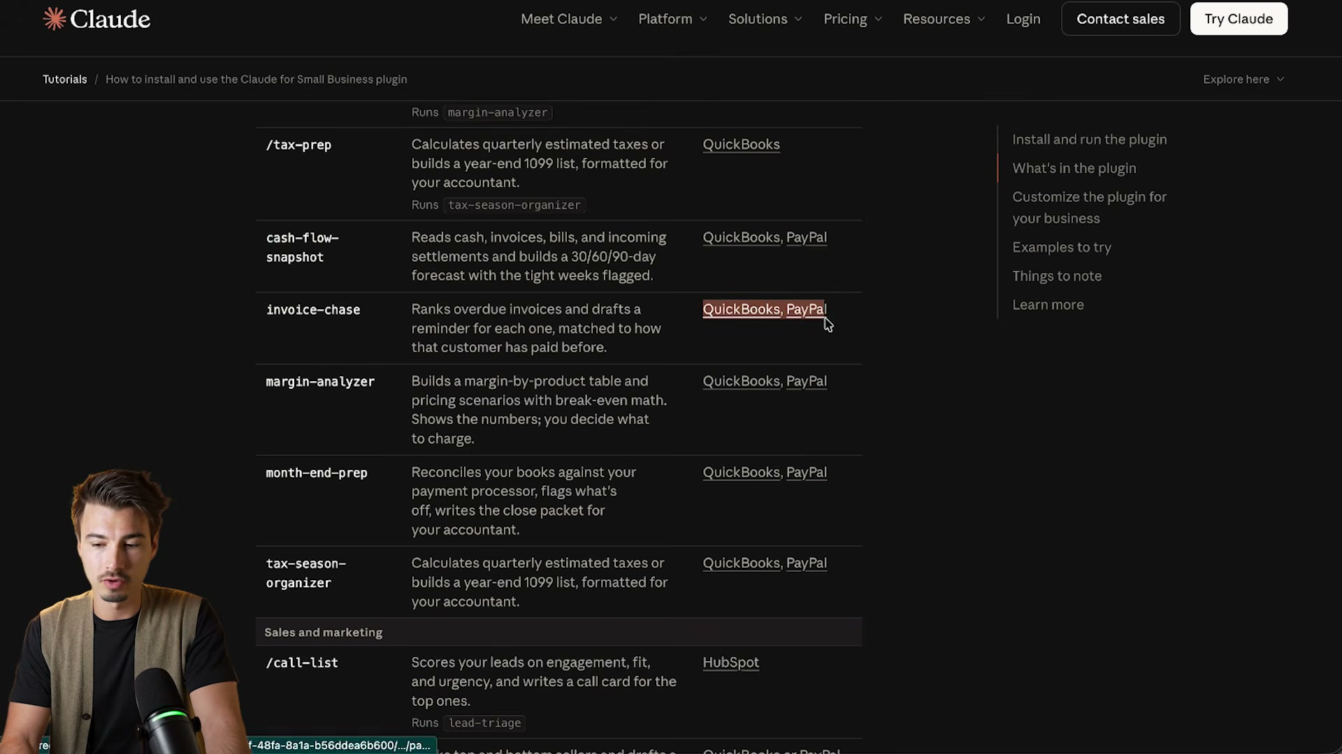 Official Anthropic docs listing every Small Business plugin skill command, what it does, and which connector it requires