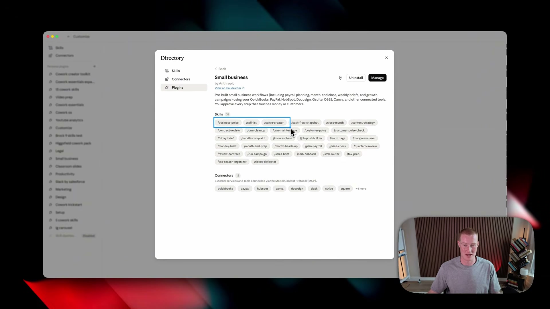All 31 Small Business skills in one screen: from /business-pulse and /invoice-chase to /tax-prep and /ticket-deflector, plus 12 MCP connectors.