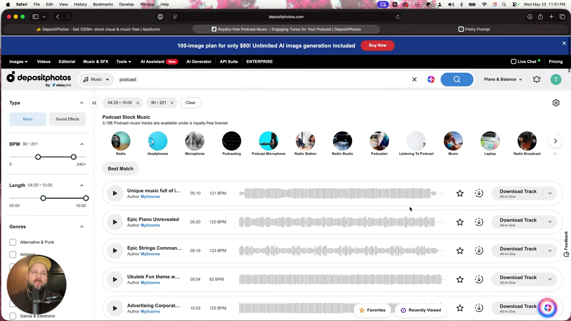 Filter podcast music by BPM range, track length, and genre — results show duration, tempo, and a waveform preview with one-click Download Track.