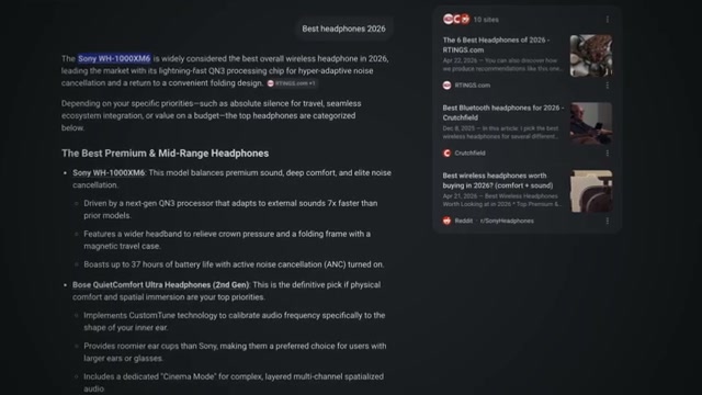 An AI search response for 'Best headphones 2026' — complete with brand citations in the sources panel.
