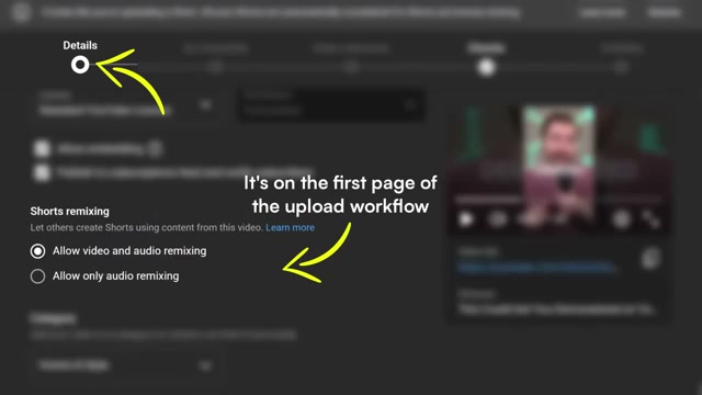 Find Shorts remixing permissions on the Details page of the YouTube Studio upload workflow — it's right there on page one.