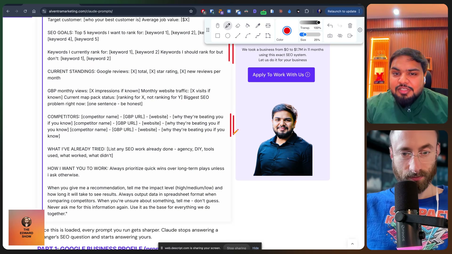 Part 1 begins: Google Business Profile prompts 1–8, following the loaded master context.