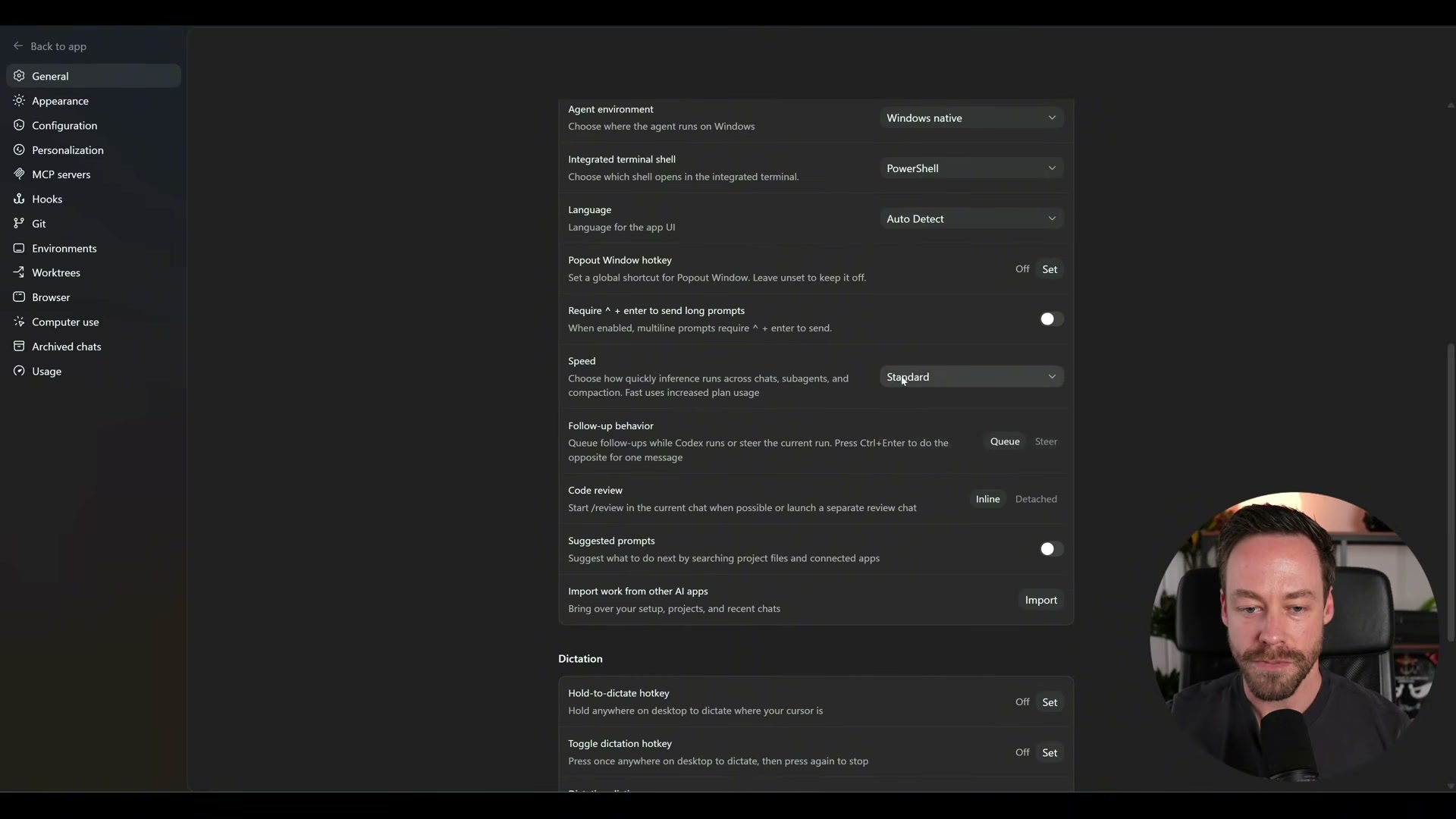 Codex General Settings: set agent environment, speed, follow-up behavior (Queue vs Steer), and import existing Claude Code projects.