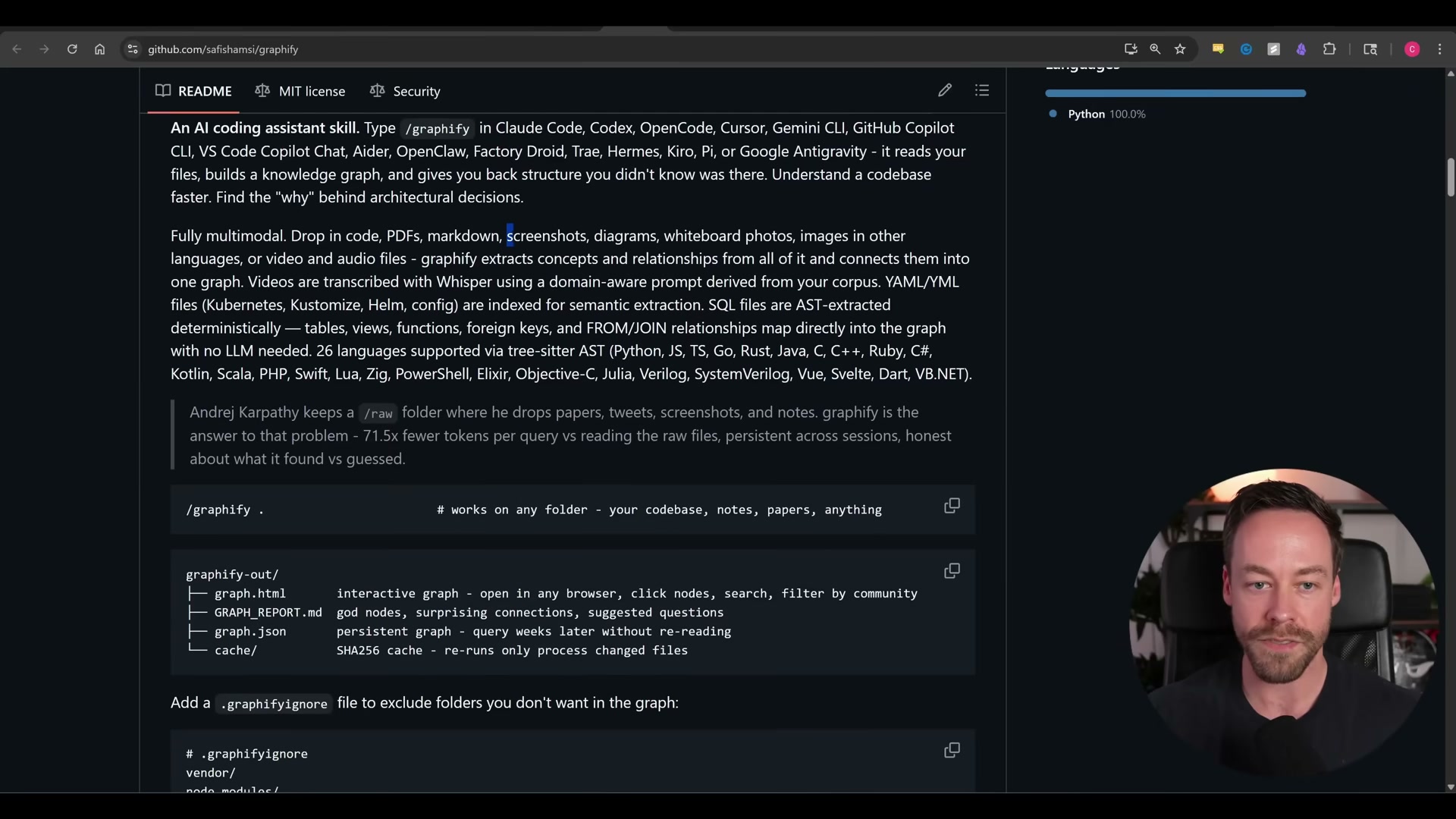Run `/graphify .` and get an interactive graph, a god-node report, persistent JSON, and SHA256 cache in one shot.
