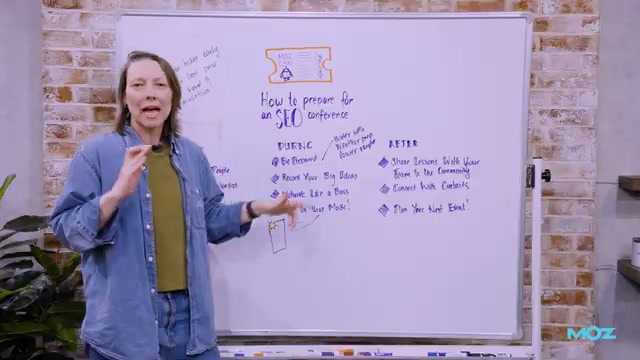 The complete SEO conference framework: BEFORE, DURING, and AFTER — all three phases on one whiteboard.