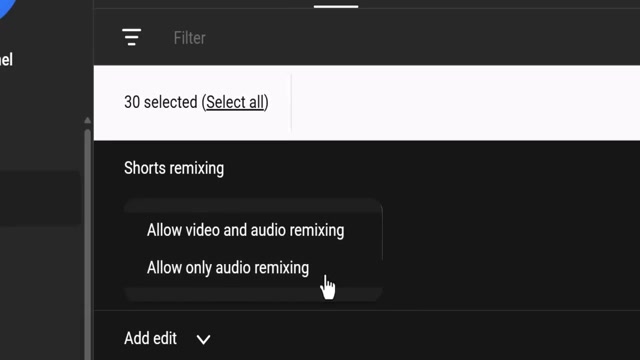 Use YouTube Studio's bulk edit to apply Shorts remixing permissions to 30 videos at once — select all, open the edit panel, choose your setting.