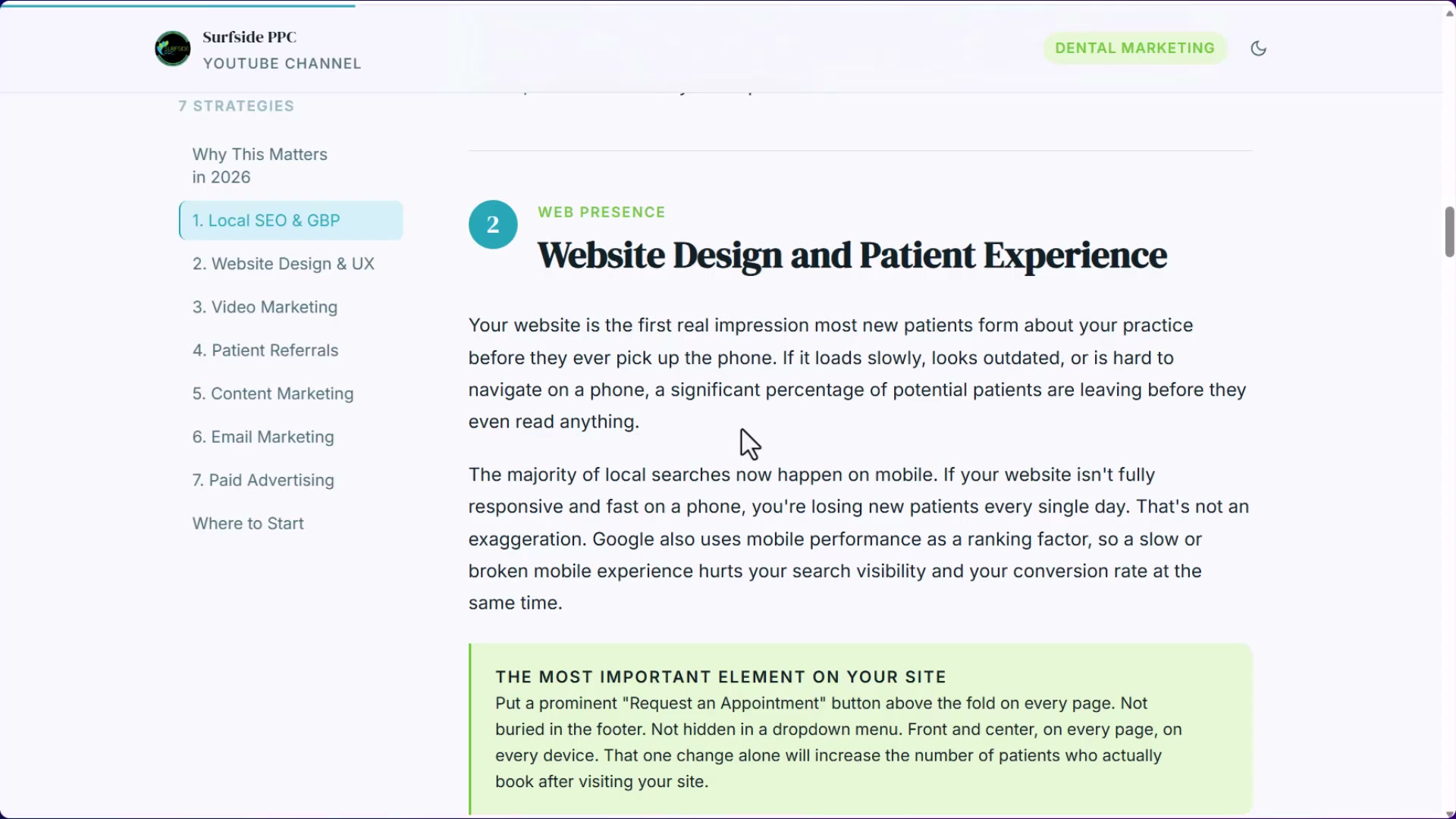 The single highest-impact website change: a 'Request an Appointment' button above the fold on every page — not buried in a footer or dropdown.