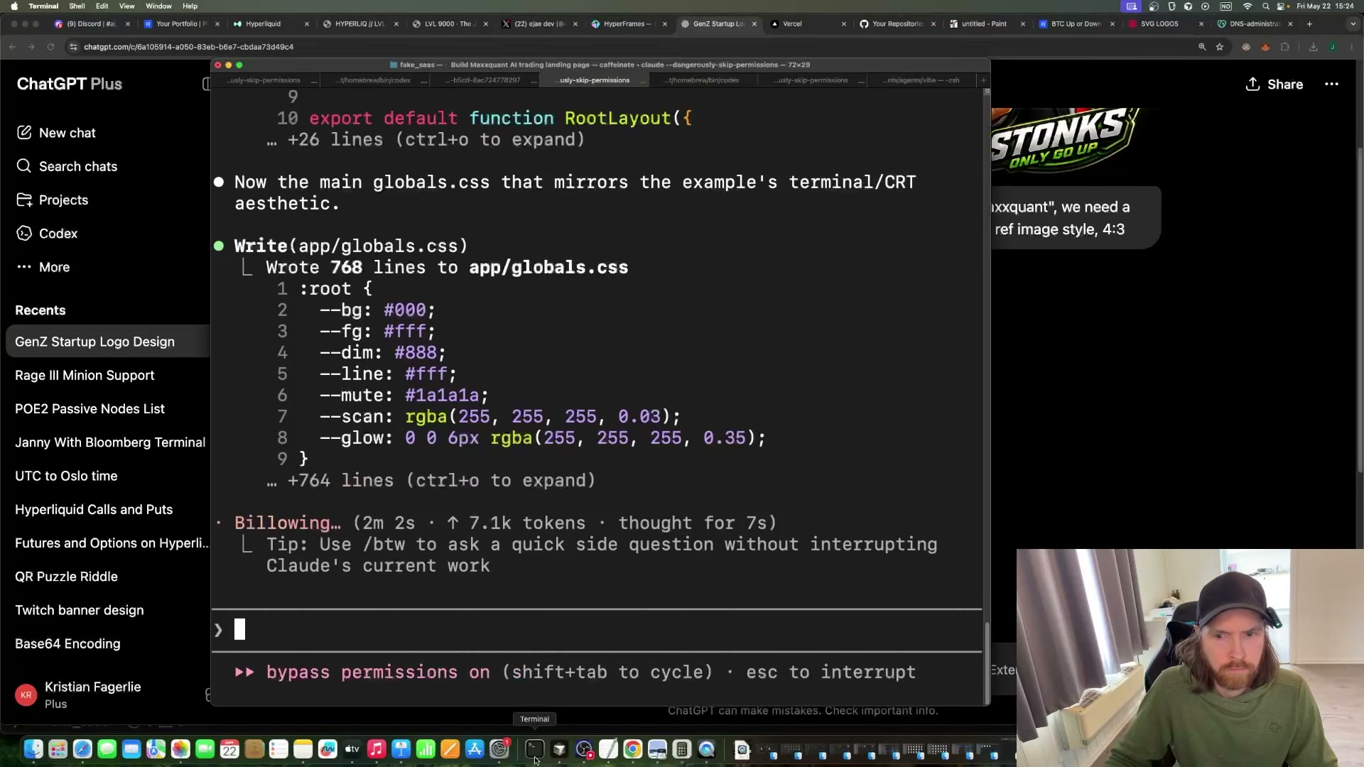 Claude Code writes 768 lines of terminal/CRT aesthetic CSS in one shot — the entire design system for the fake SaaS, generated automatically.