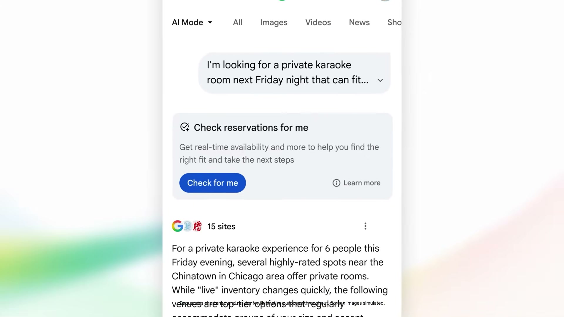 AI Mode's agentic 'Check for me' feature goes beyond search — it checks real-time reservation availability and surfaces actionable next steps inline.